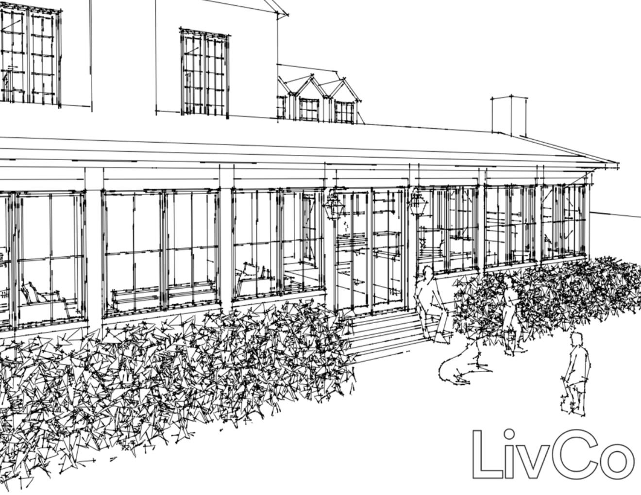 perspective line drawing of a family room addition in winnetka illinois