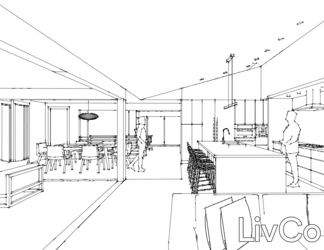 perspective line drawing of a modern kitchen renovation