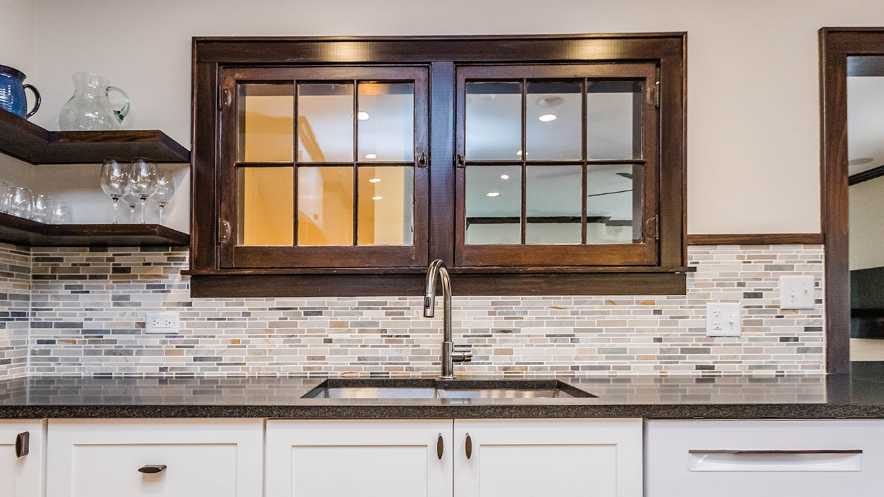 zoom background of a kitchen sink and windows