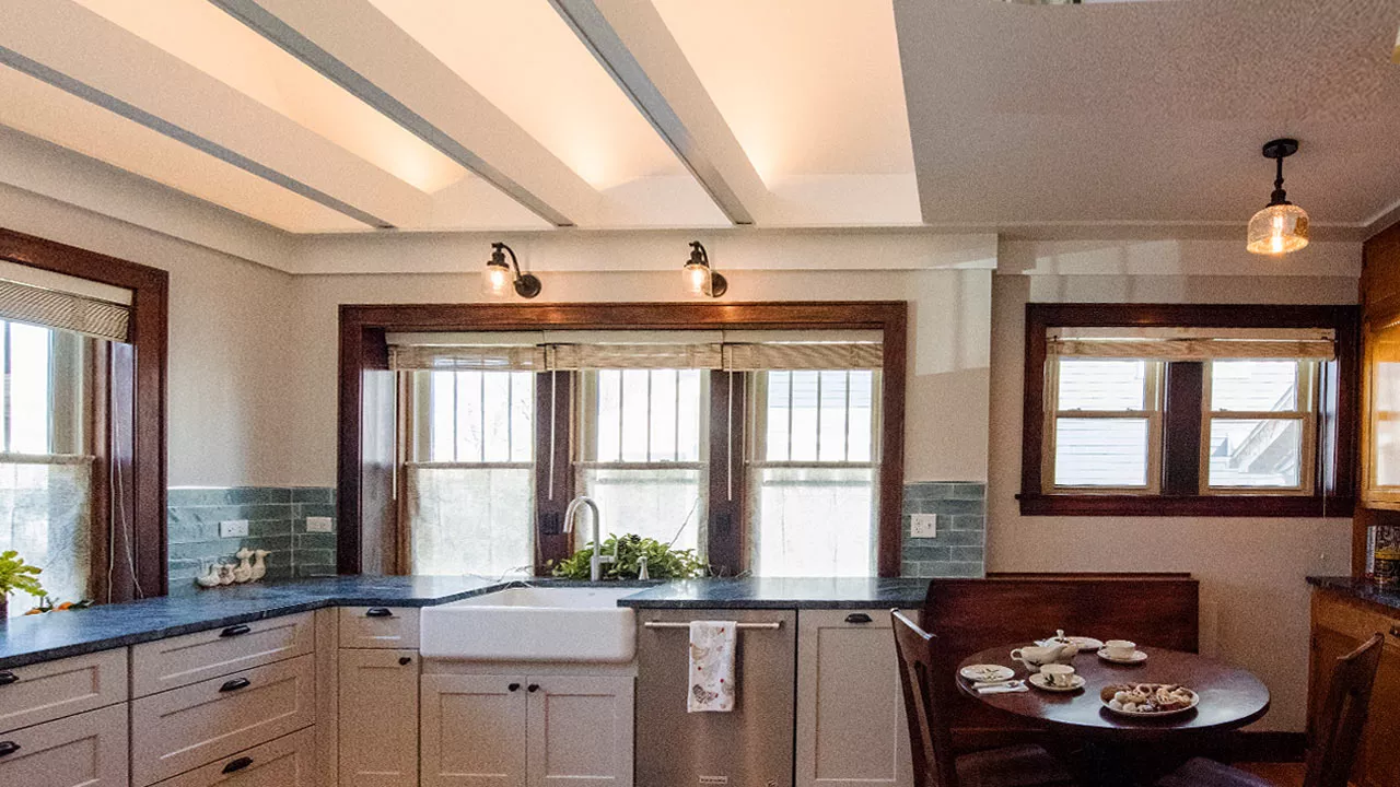 zoom background of a cozy kitchen with a lot of windows