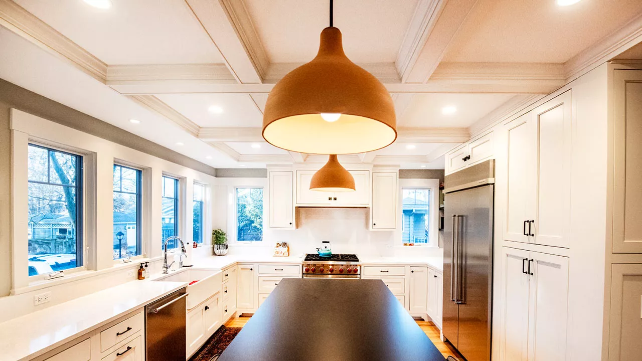 zoom background of a kithcen with coffered ceilings