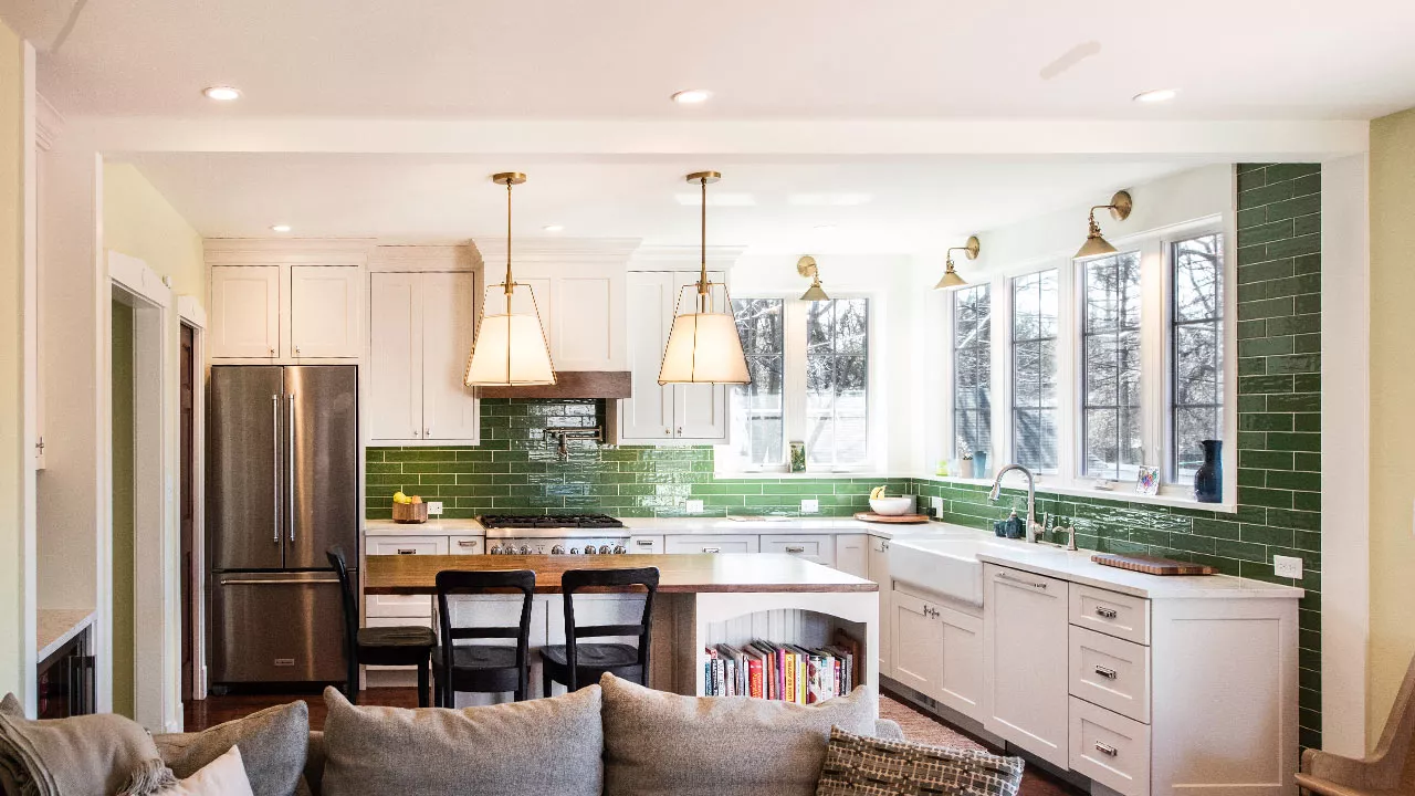 zoom background of a craftsman kitchen with green tile