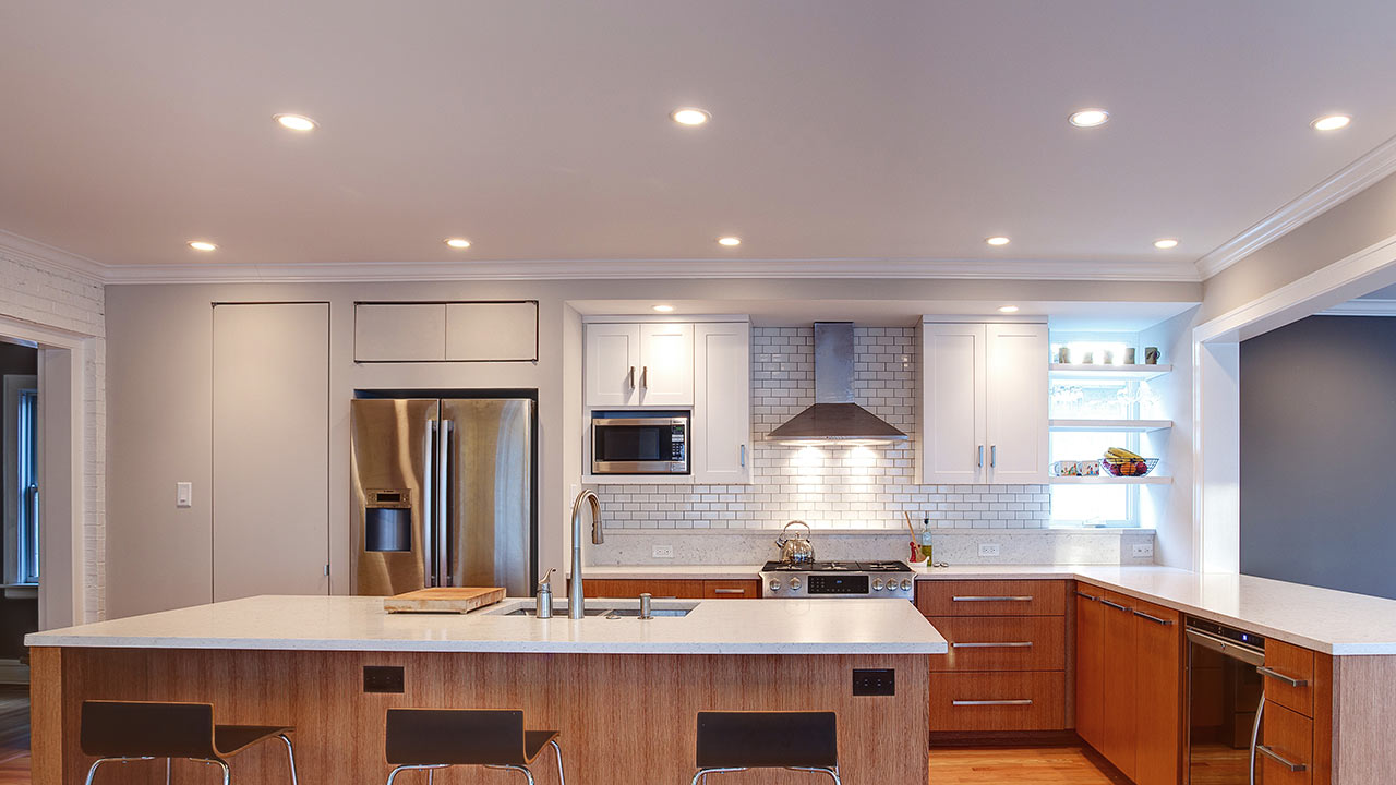 zoom background of a modern kitchen with white oak cabinets