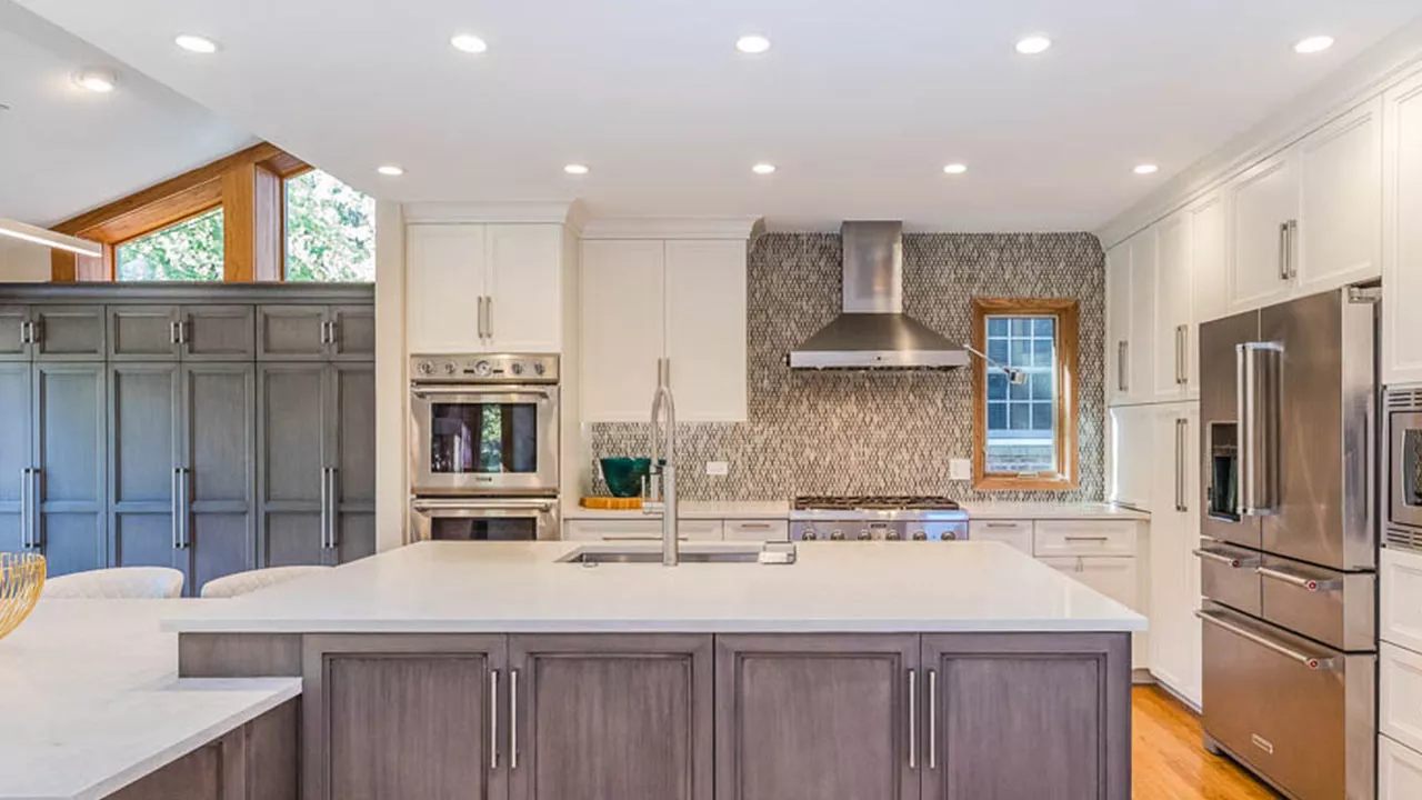 zoom background of a modern kitchen with grey cabinets