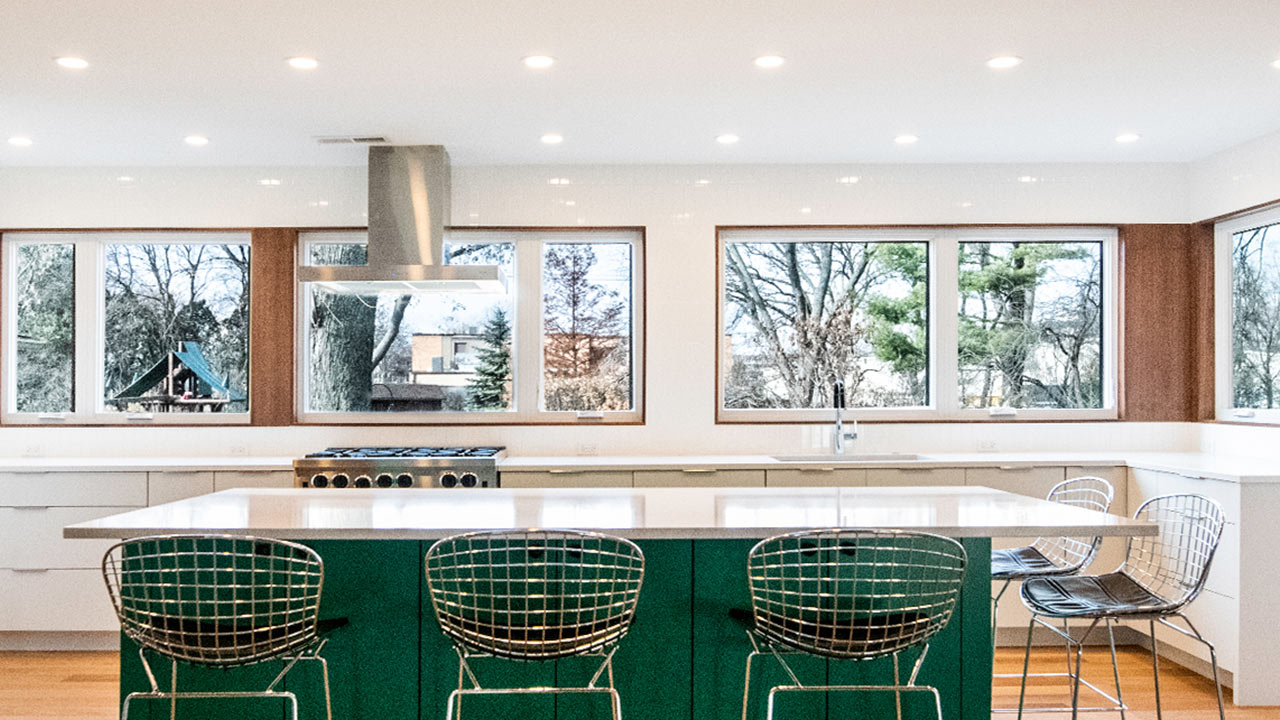 zoom background of a modern kitchen with green island