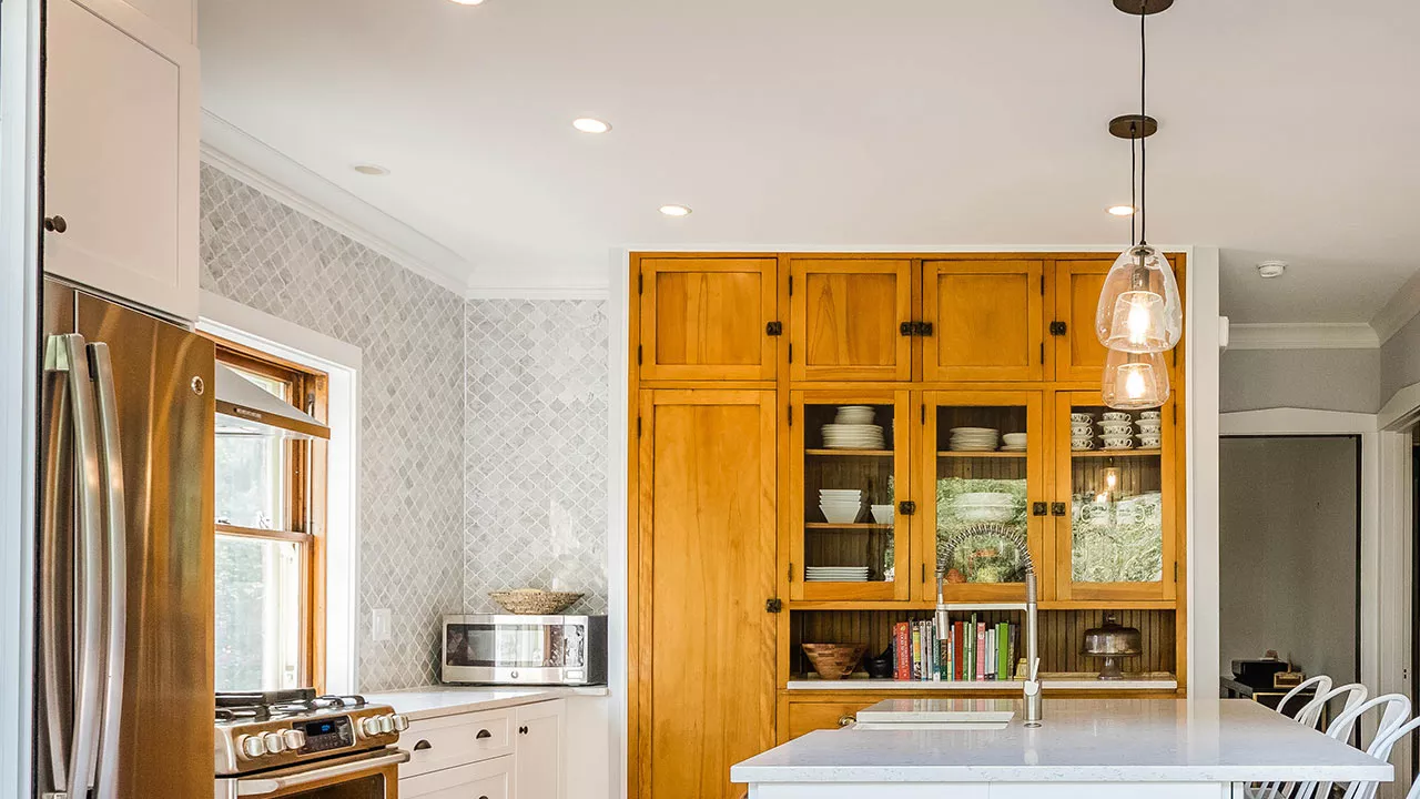 zoom background of a bungalow kitchen with built-in cupboard