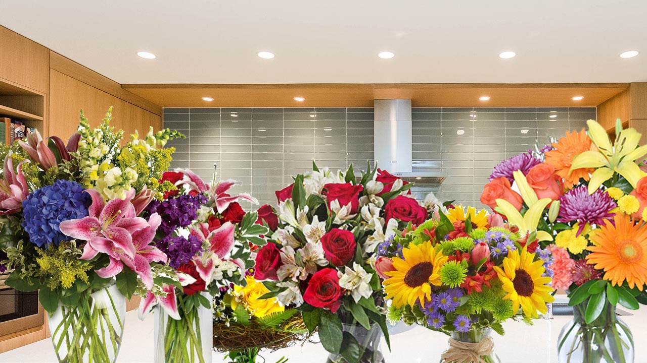 zoom background image of kitchen with mothers day flowers
