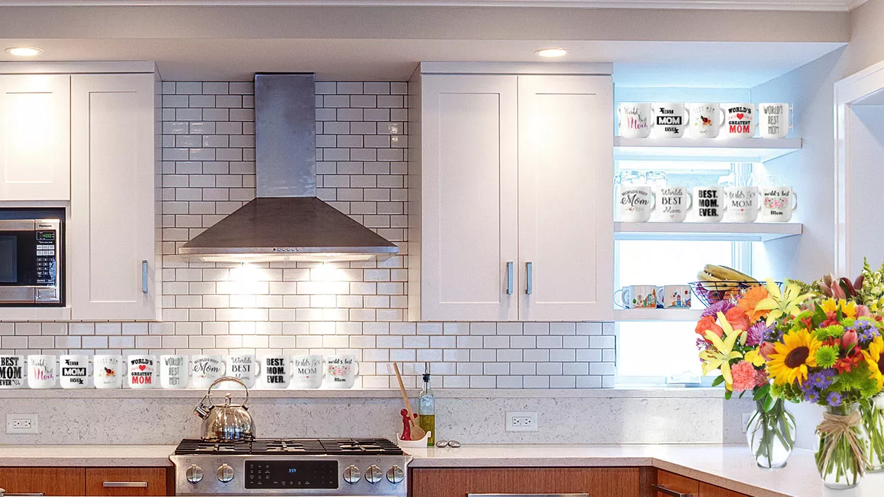 zoom background image of kitchen with best mom in the world mugs