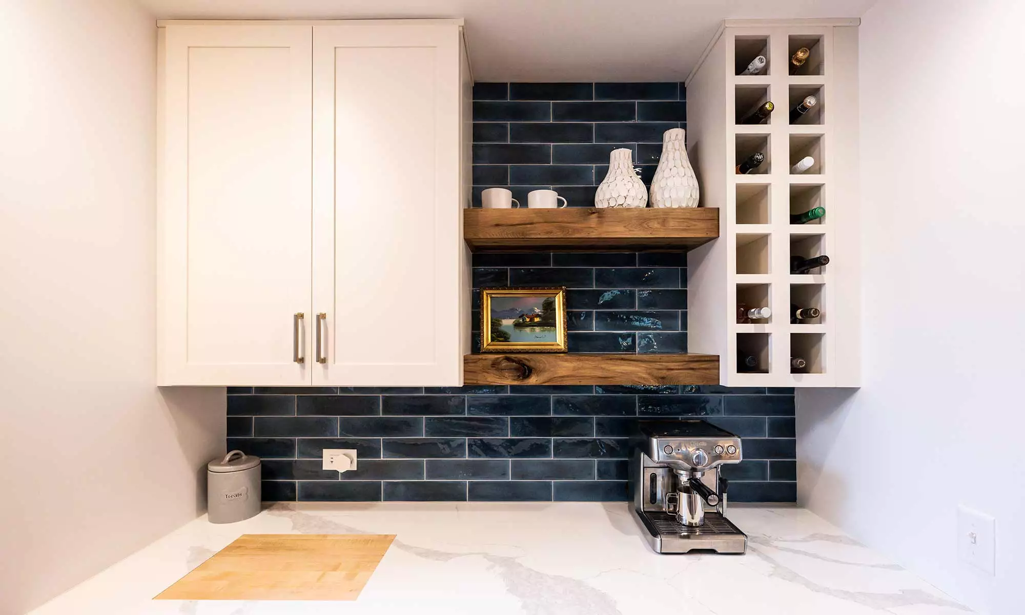 wet bar with blue backsplash tile wine storage built-in cutting board