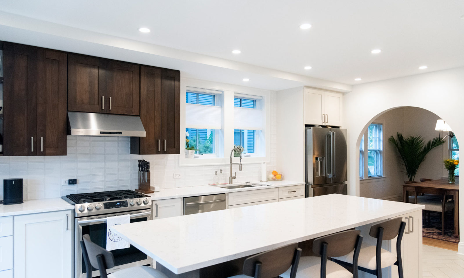 Newly renovated kitchen with white and dark wooden features
