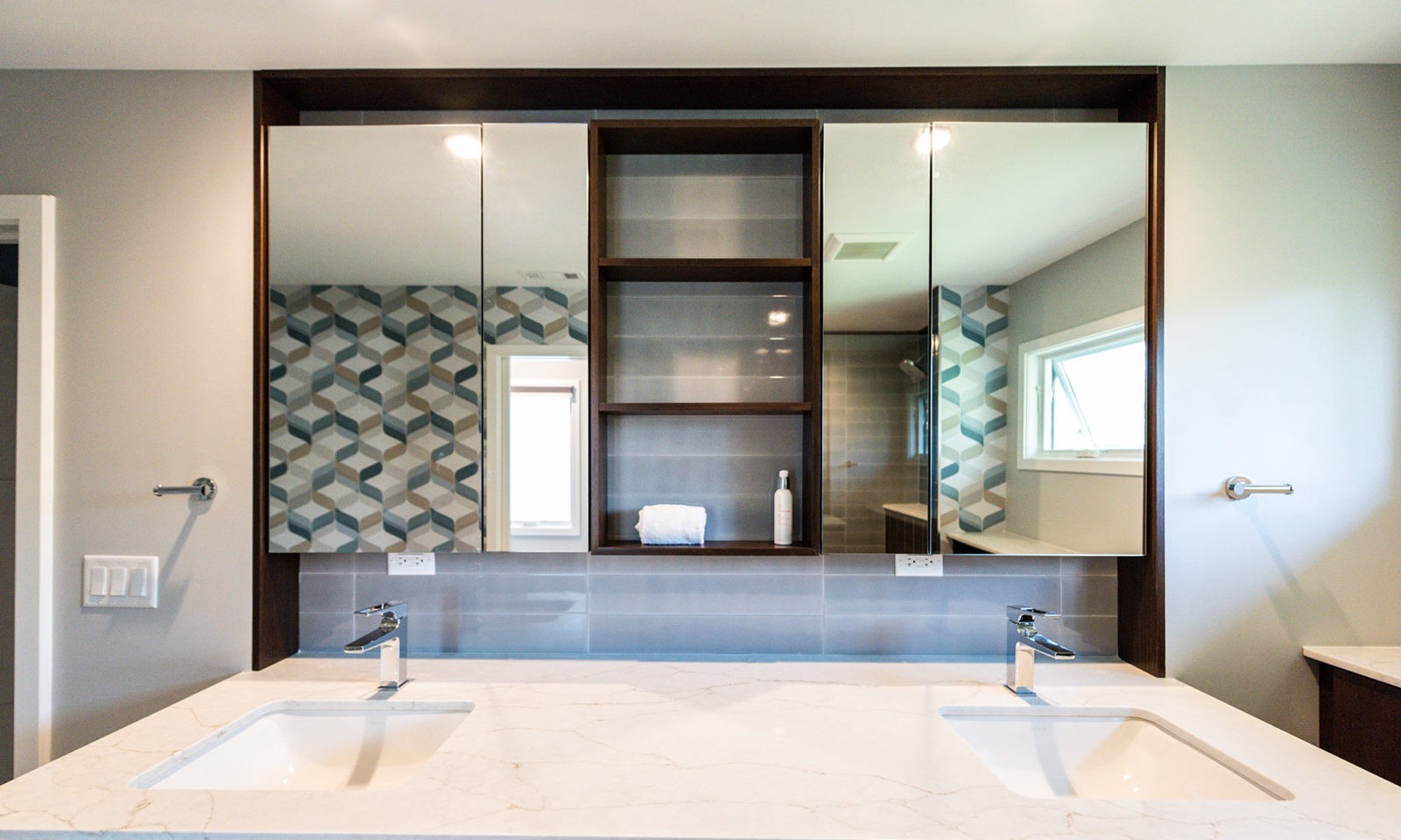 modern master bathroom remodel in hinsdale with walnut medicine cabinets