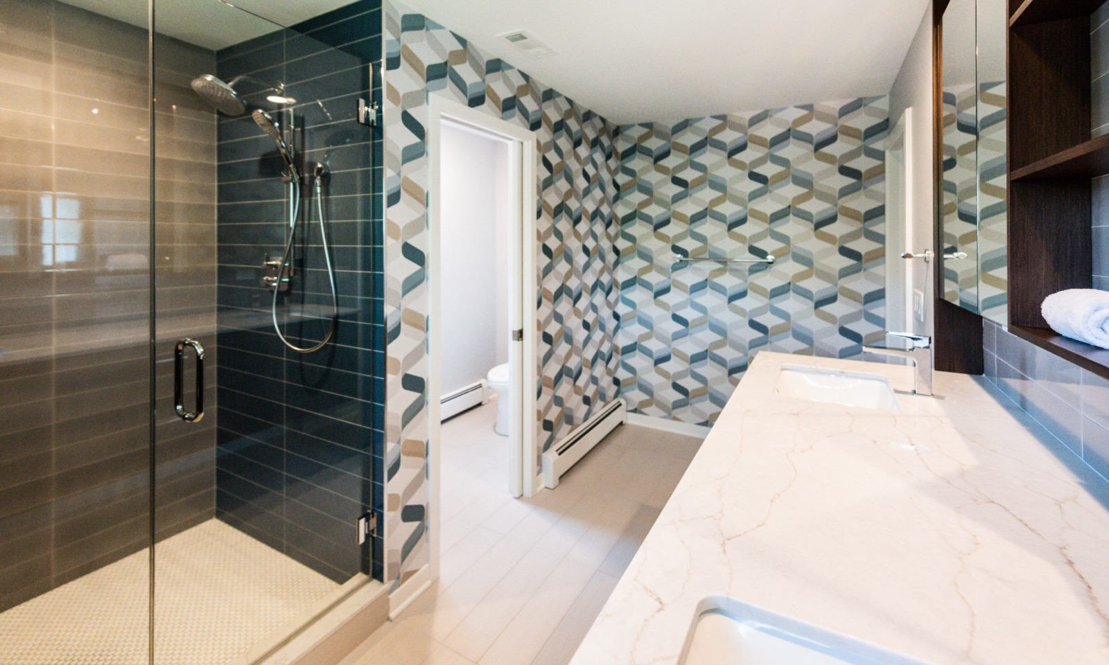 modern master bathroom remodel in hinsdale with cool wallpaper