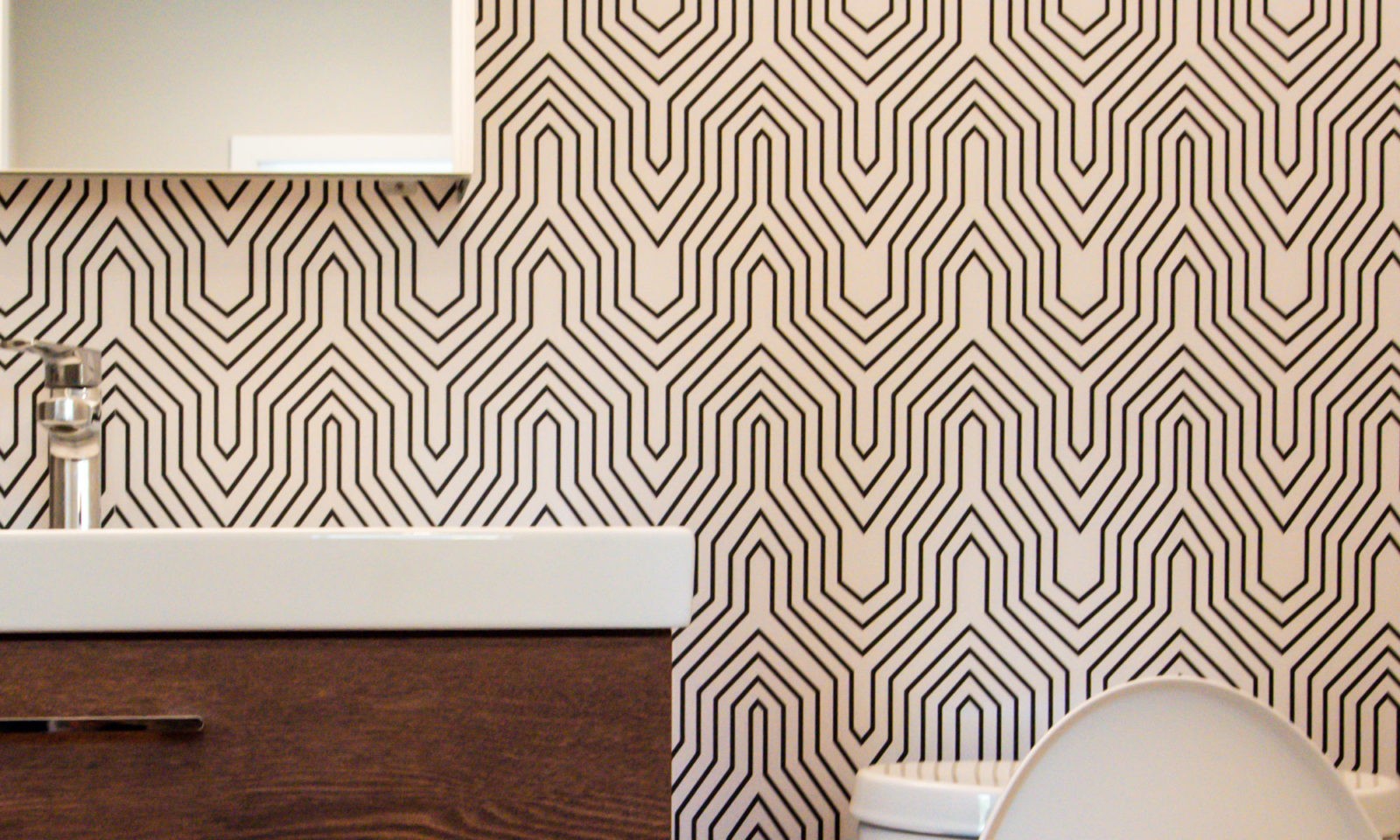modern powder room bathroom remodel in hinsdale with cool wallpaper