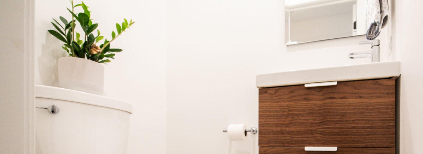 modern powder room with white walls, walnut cabinets, and a green plant