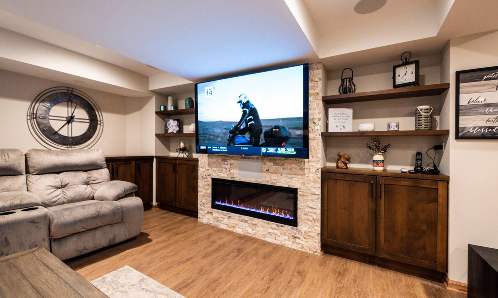 view of TV in basement theatre area