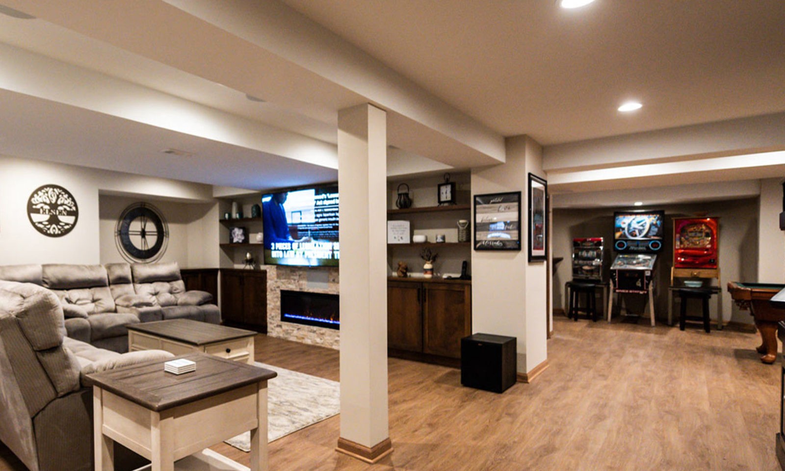 view of TV in basement theatre area