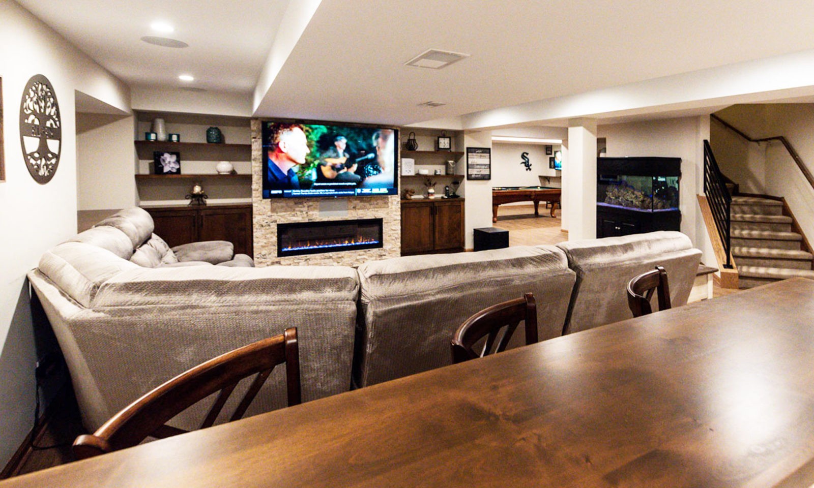viw of basement home theatre area from bar