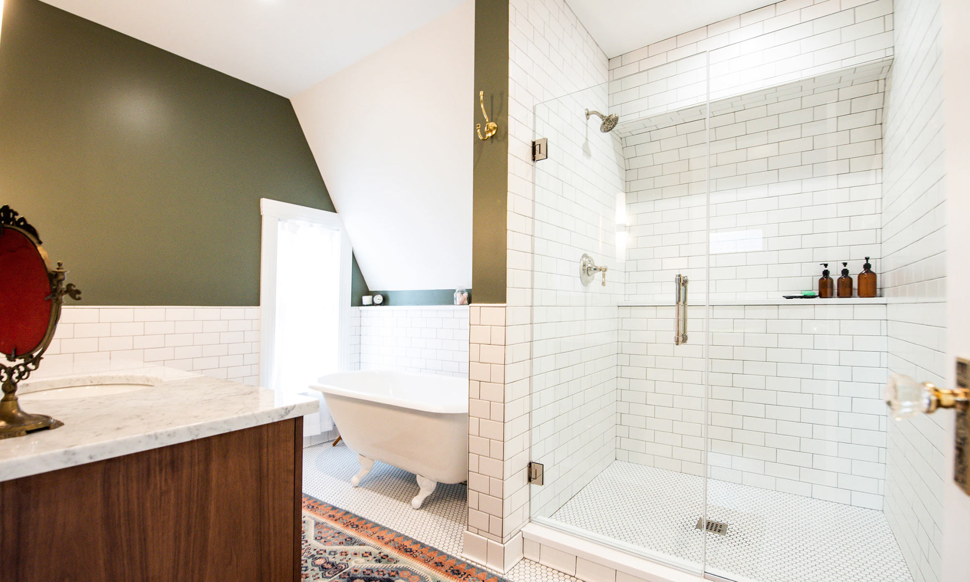 bathroom addition with walk-in shower and vintage claw-foot tub