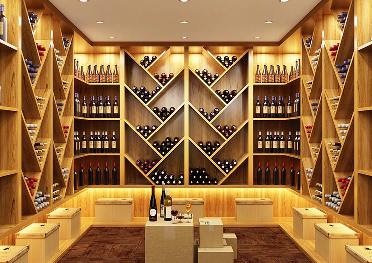 livco wine room remodel with geometric built in shelving recess lighting and light wood