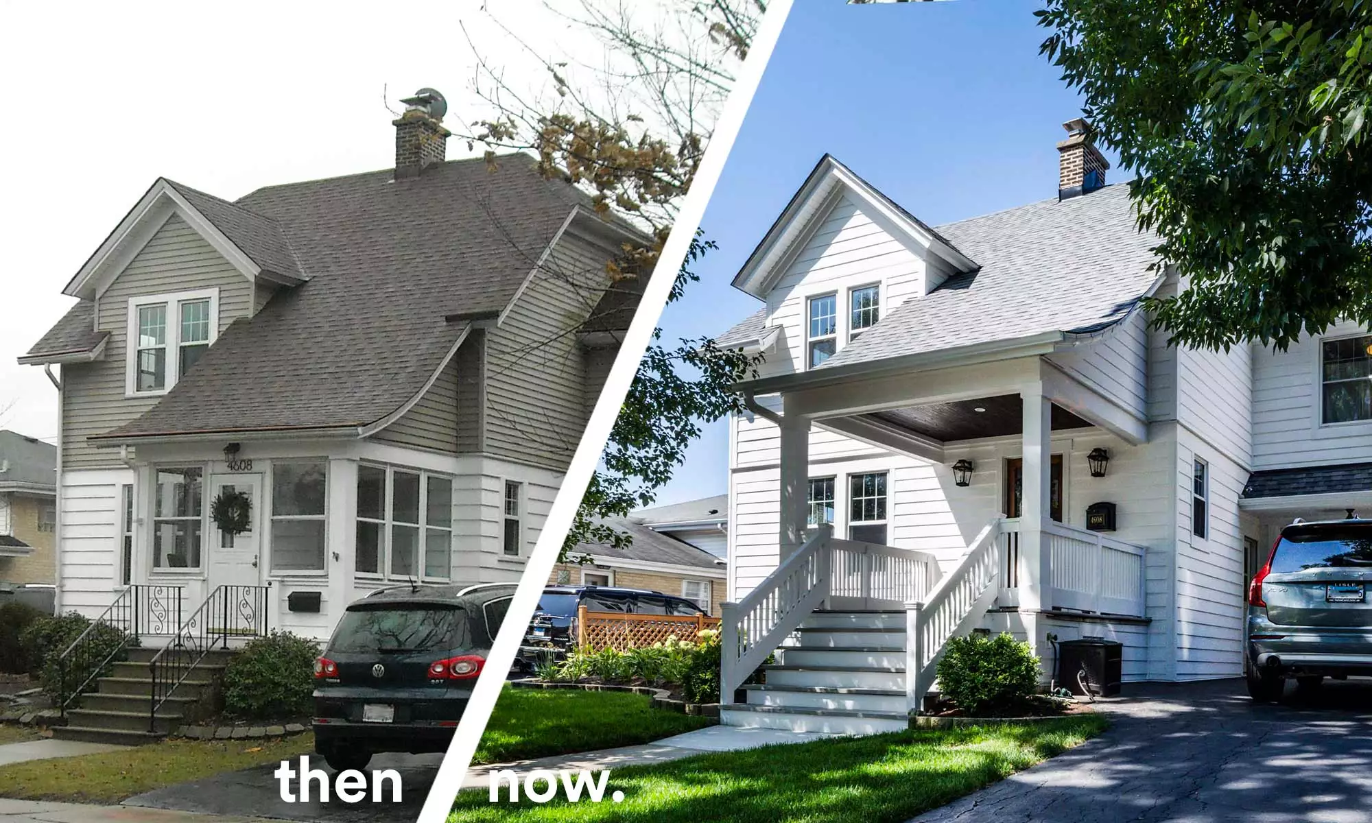 before and after of exterior renovation with open porch in western suburbs of chicago