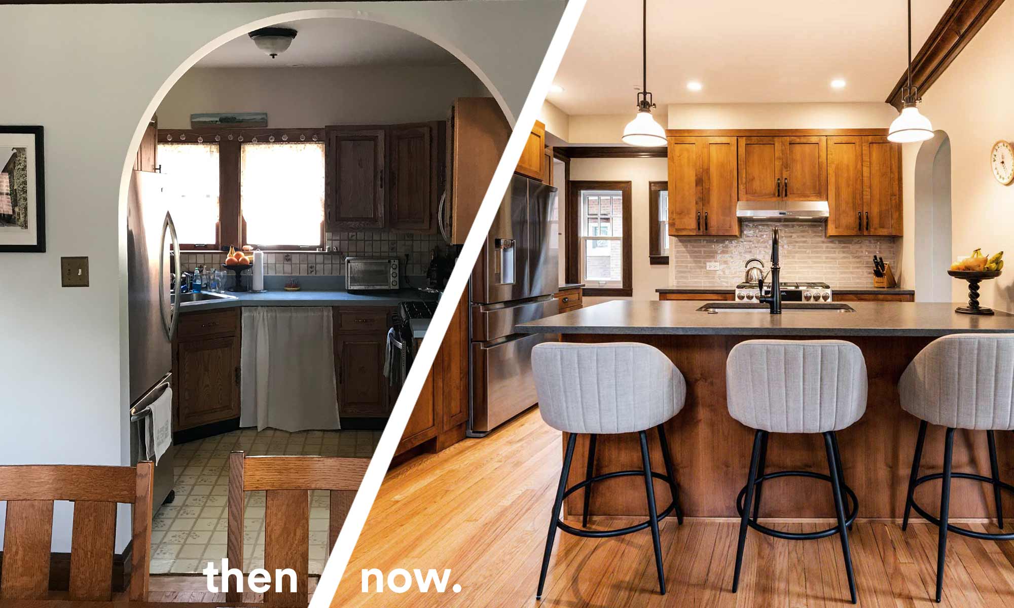 LivCo kitchen remodeling and renovation before and after island addition bar stools recess lighting