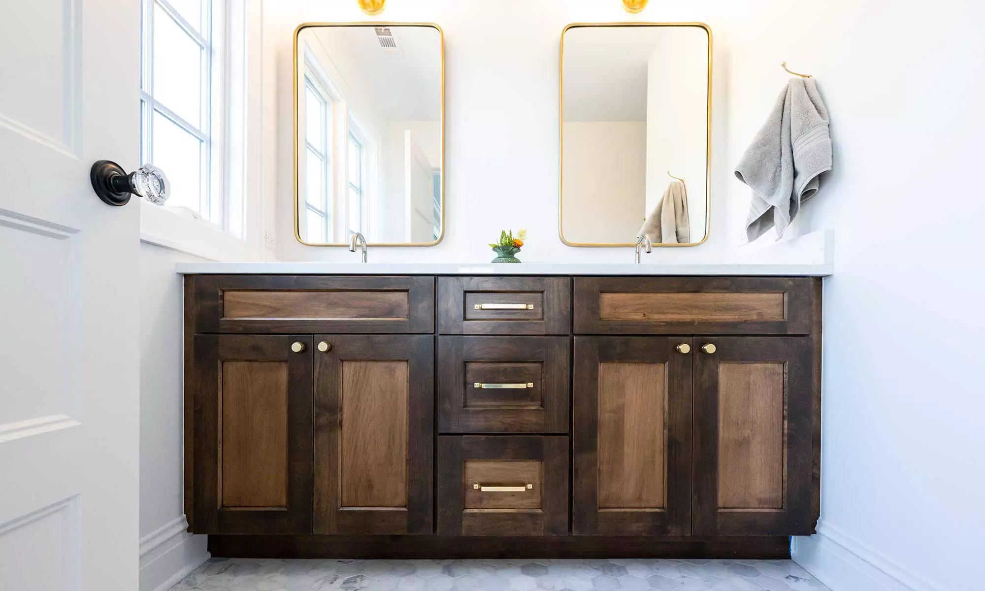 luxury bathroom remodel with walnut vanity