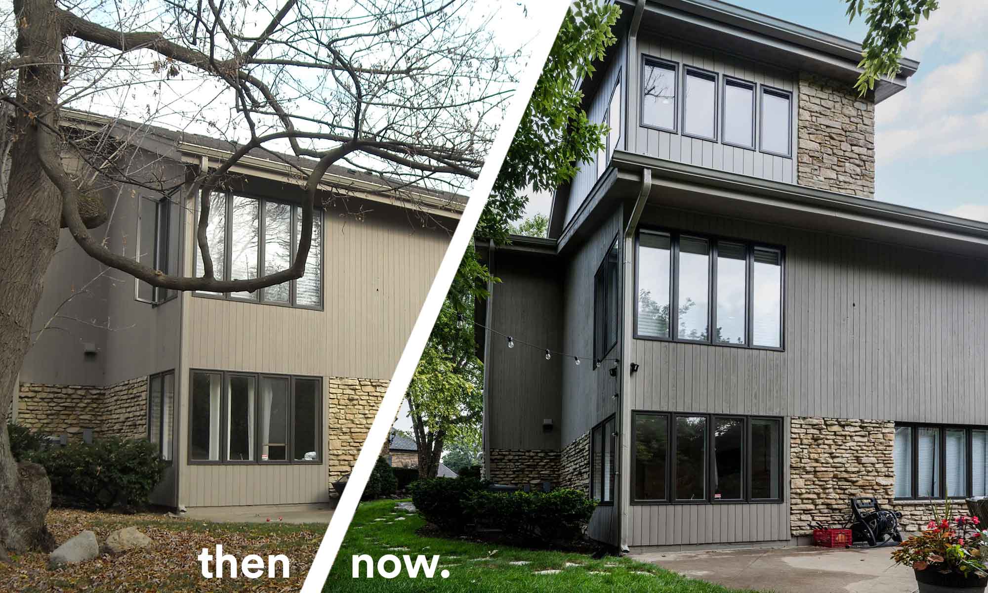 before and after of mid century modern second floor home office addition