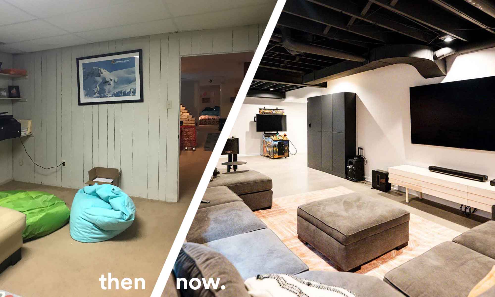 before and after of modern luxury basement remodel