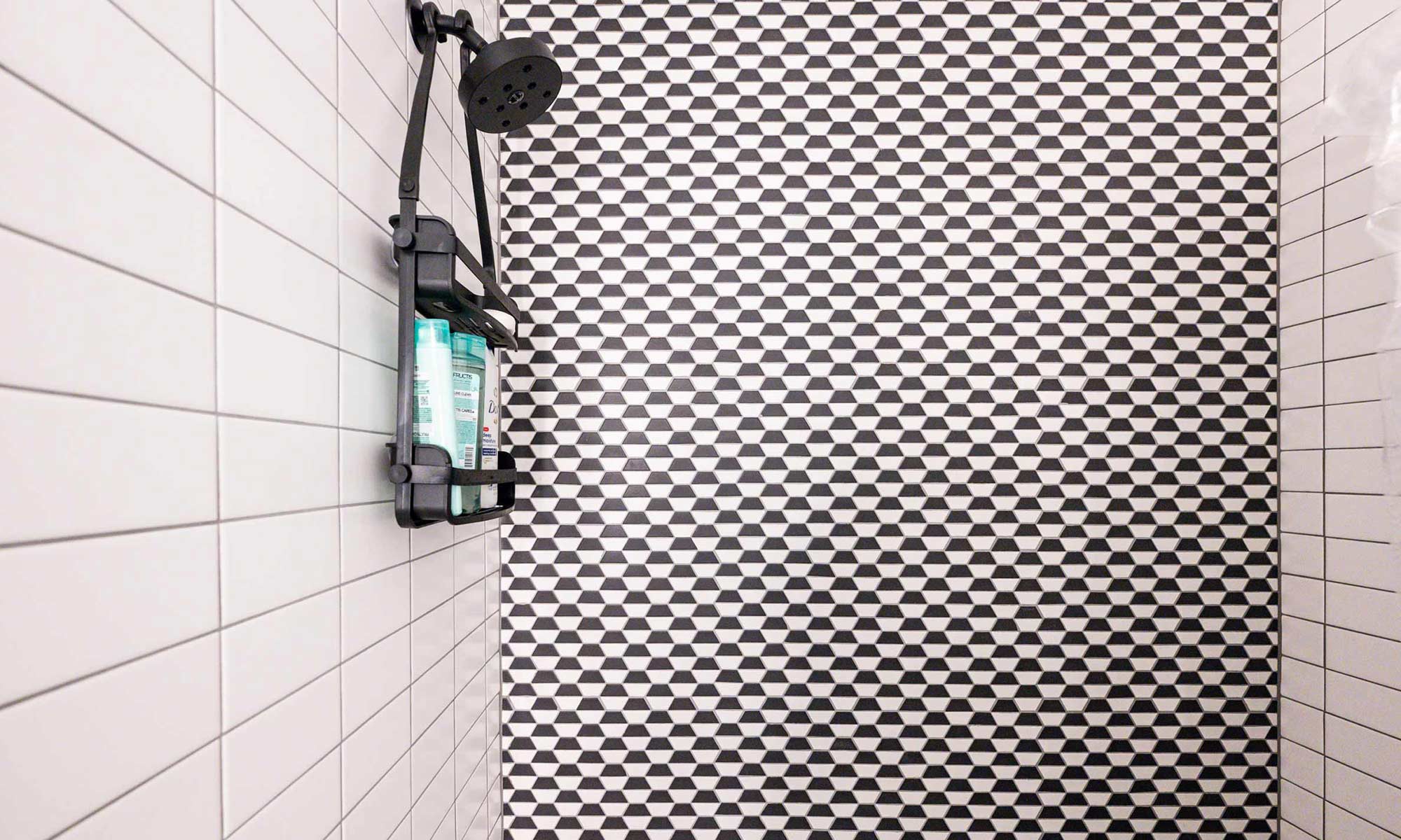 black and white shower tile in luxury bathroom