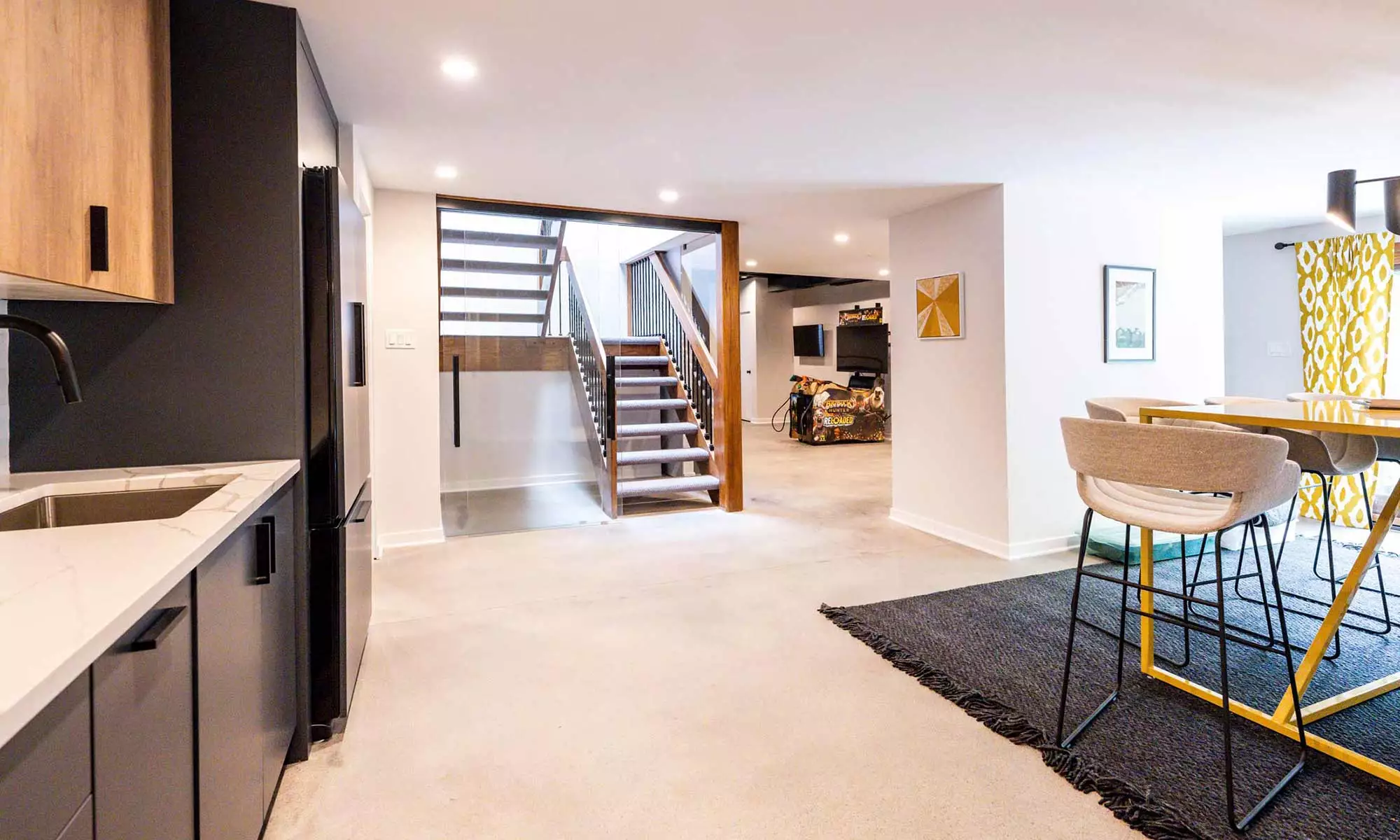 open tread stair in MCM basement remodel