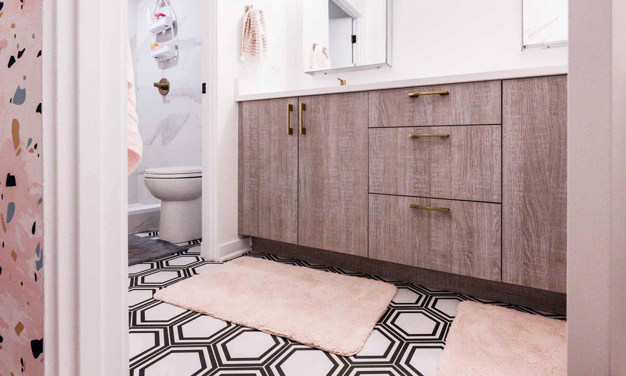 hexagon patterned tile in mcm bathroom remodel