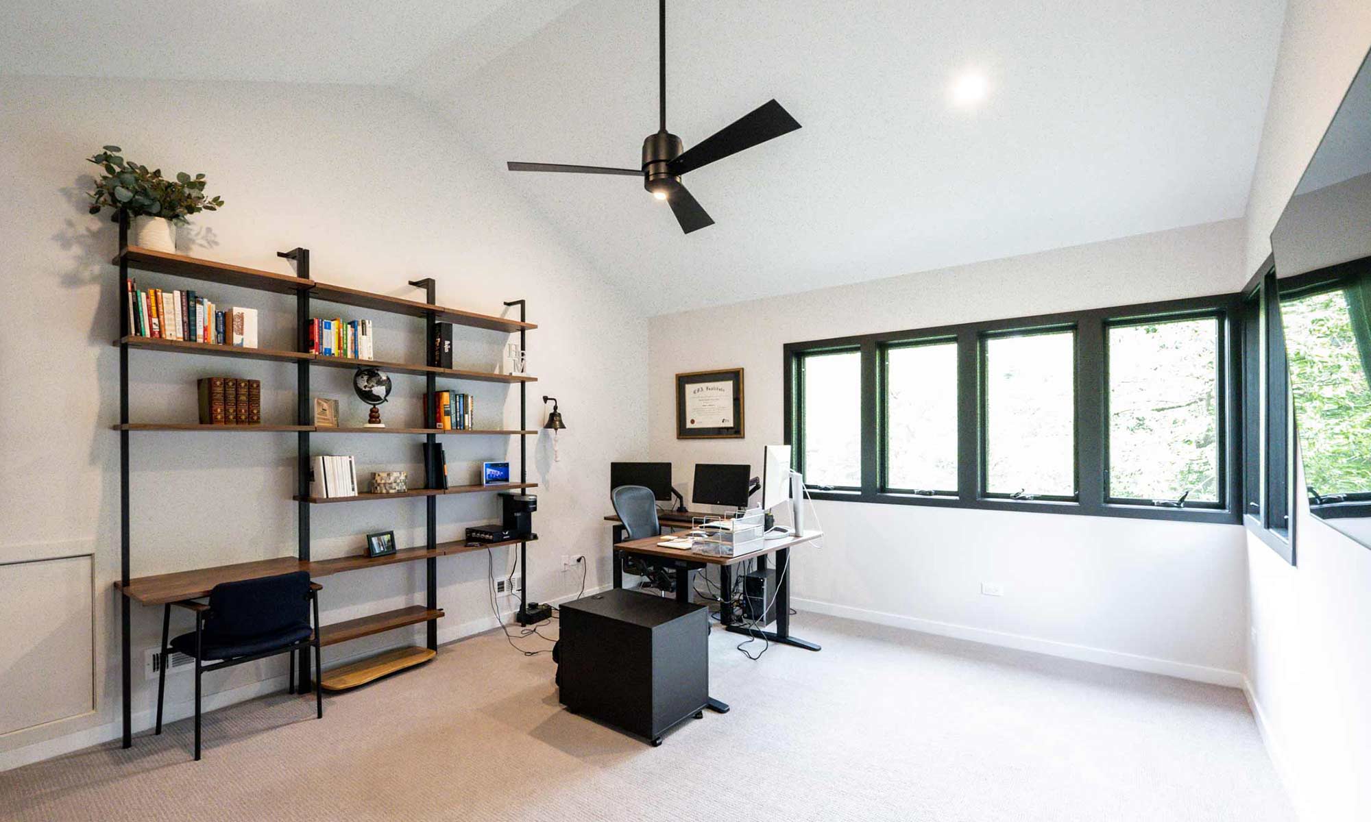 interior view of modern shelves in home office addition