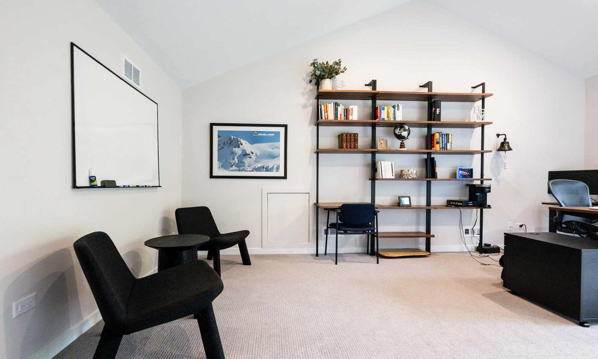 interior view of modern shelves in home office addition