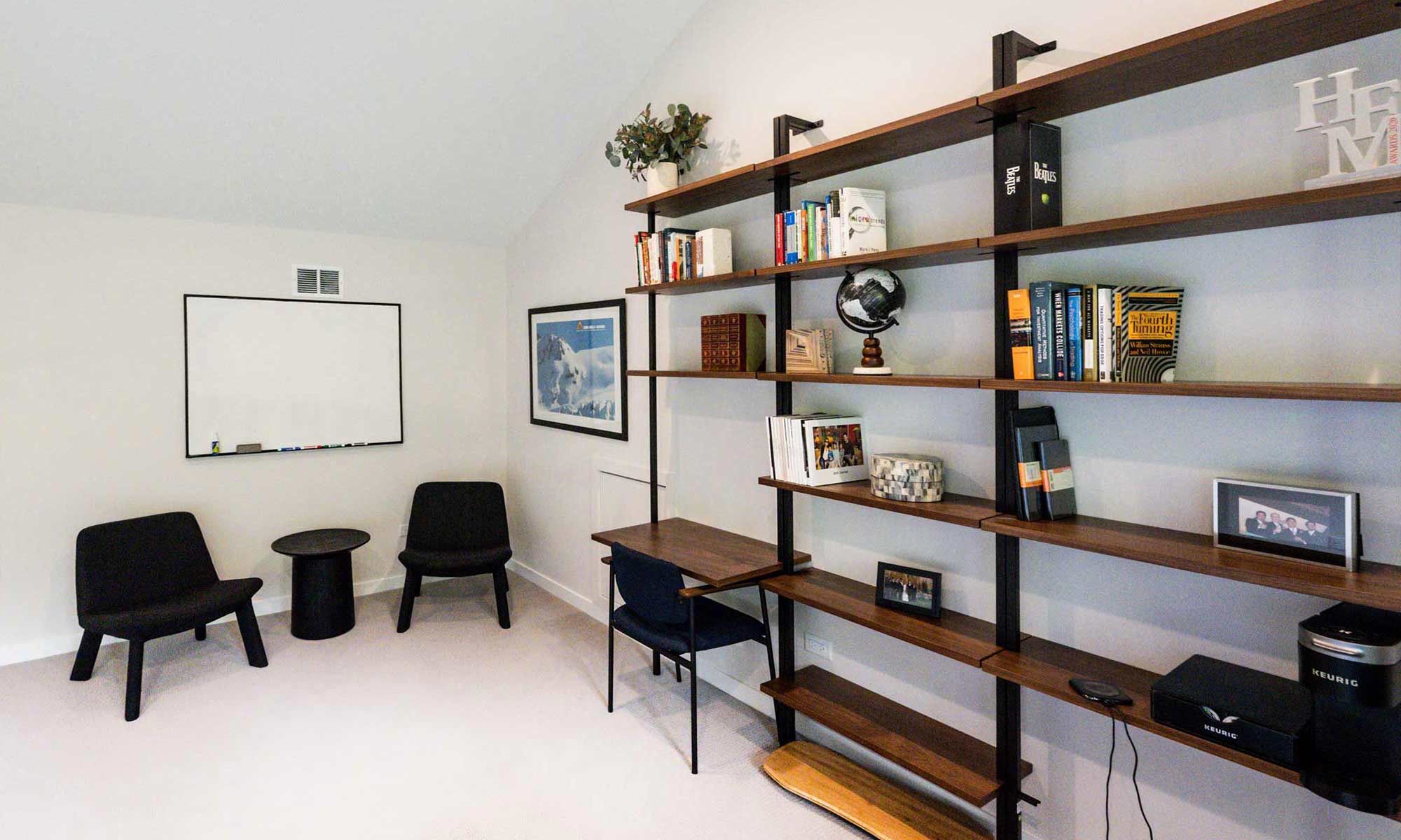 interior view of modern shelves in home office addition