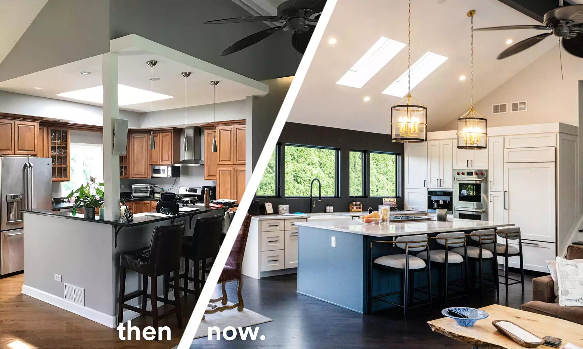 before and after of luxury kitchen remode with vaulted ceilings and a blue island