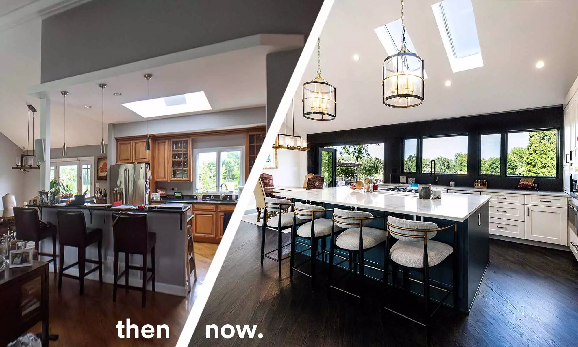 before and after of luxury kitchen remode with vaulted ceilings and a blue island