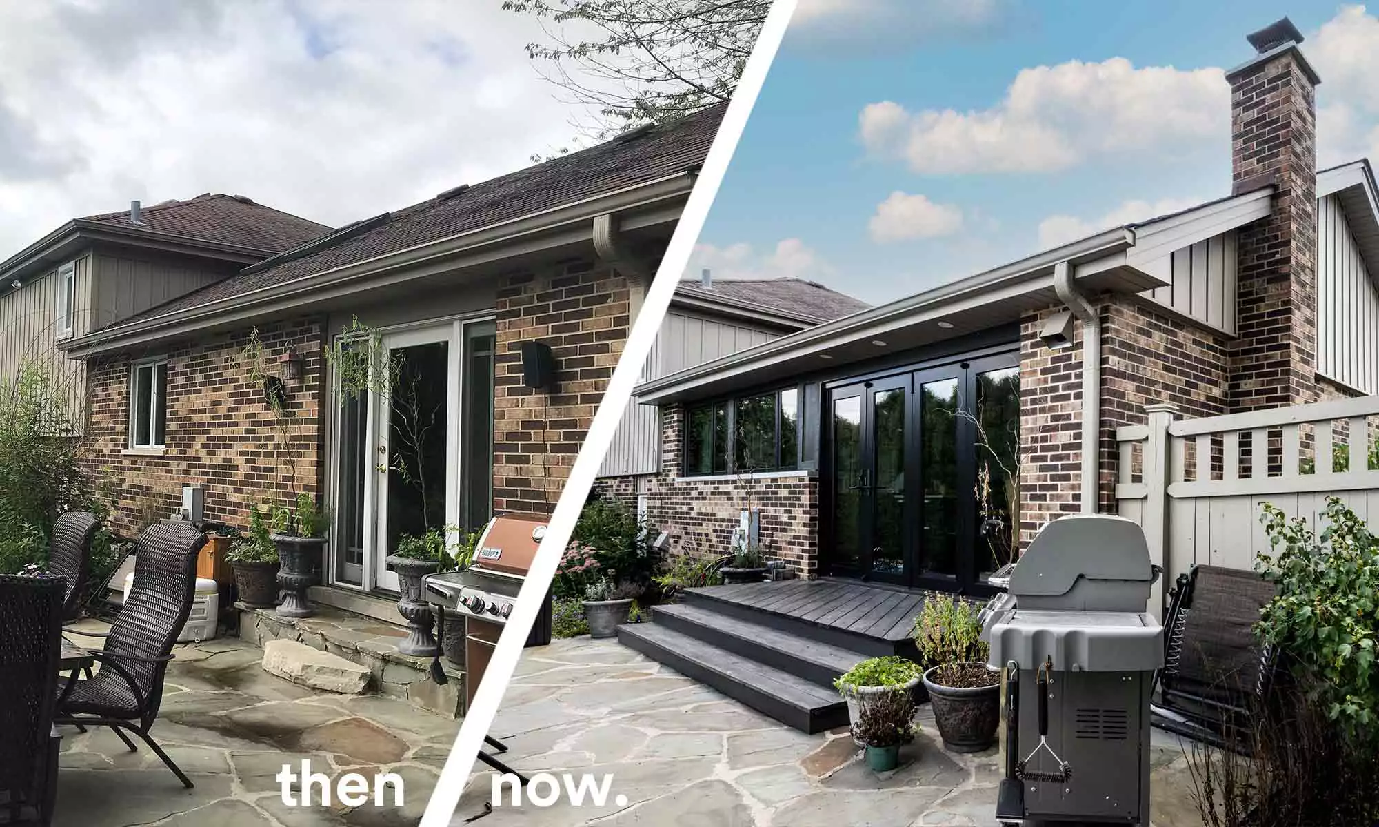 before and after exterior view of remodeled home with brick and glass and folding glass door