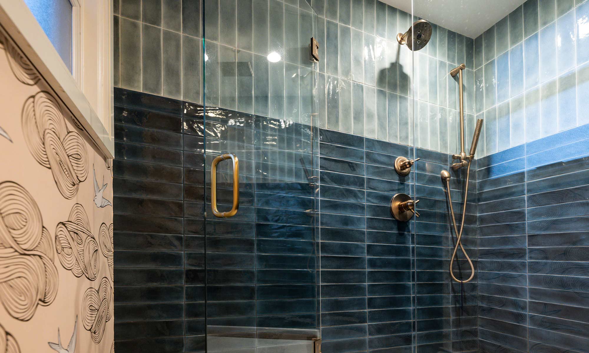 blue and green shower tile in MCM remodeled luxury bathroom shower