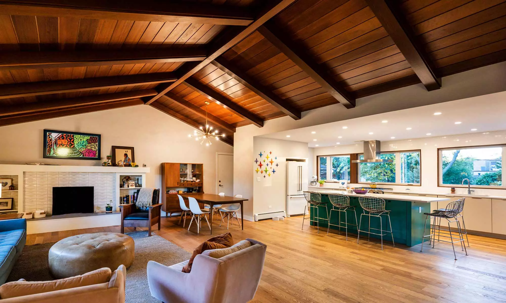 view of new MCM kitchen addition with green island and vaulted wood ceilings