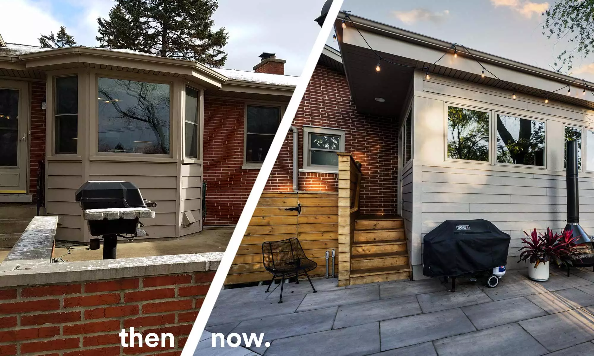 Before and After exterior view of a mid century modern kitchen addition