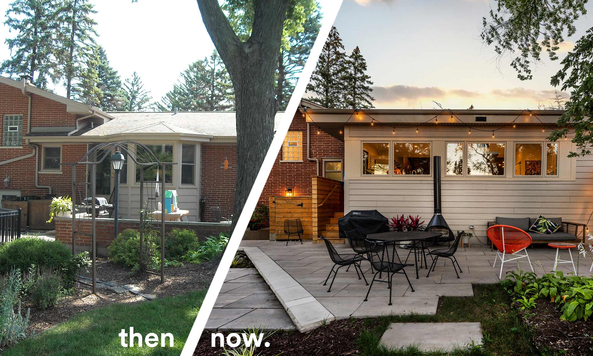Before and After exterior view of a mid century modern kitchen addition