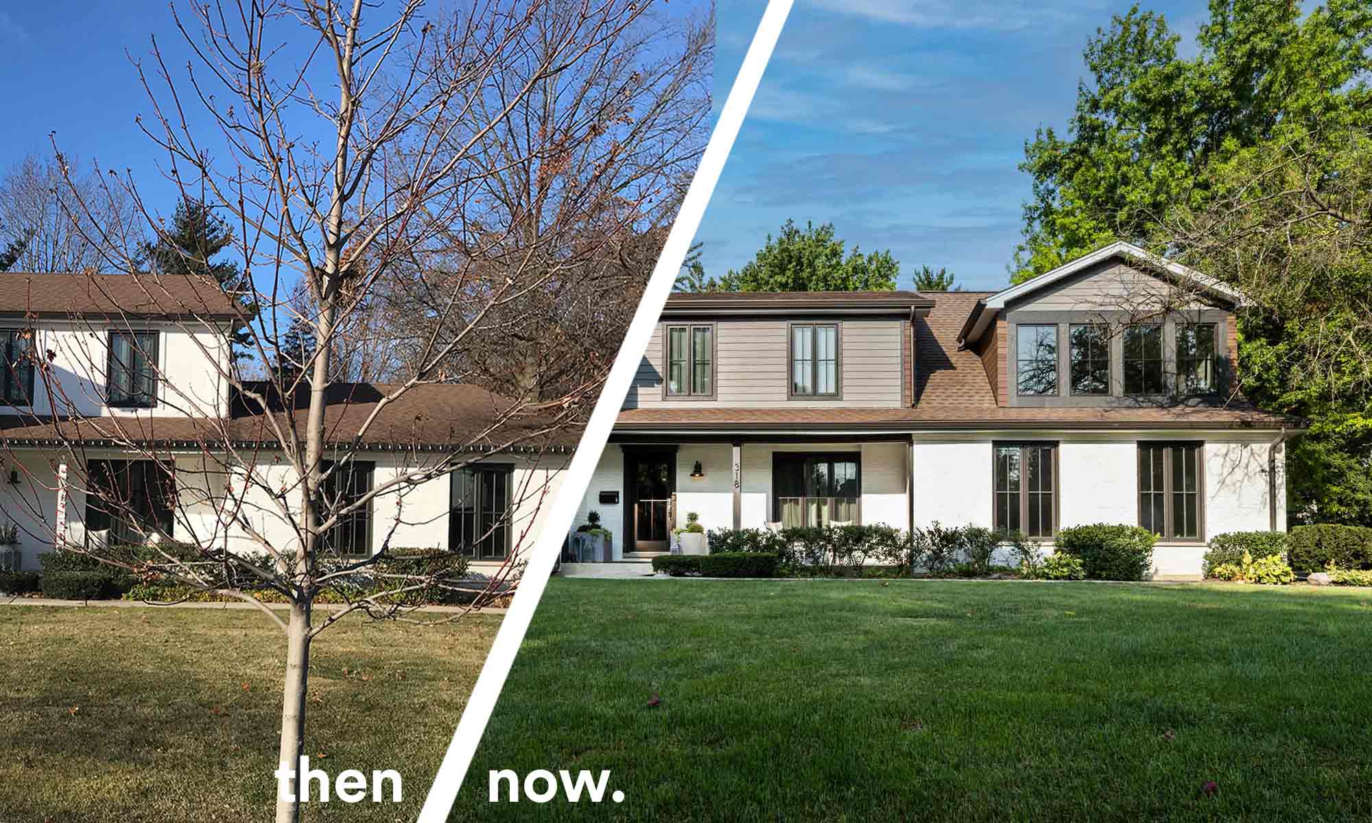 before and after exterior view of primary suite addition with gray and wood siding