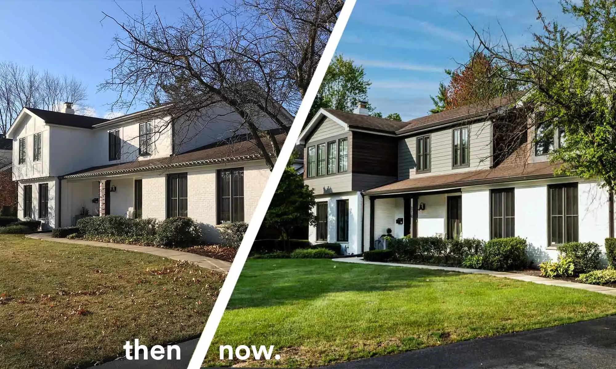 before and after exterior view of primary suite addition with gray and wood siding