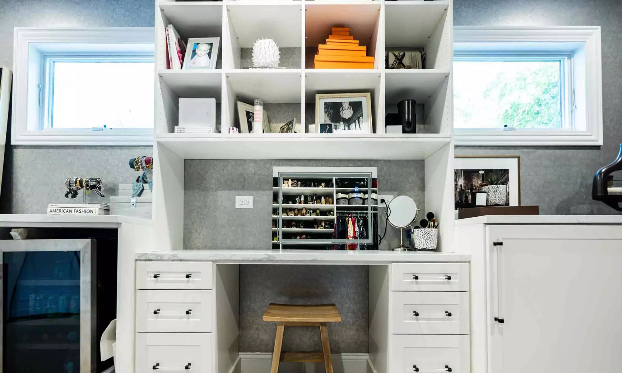 built-in makeup desk in large luxury closet