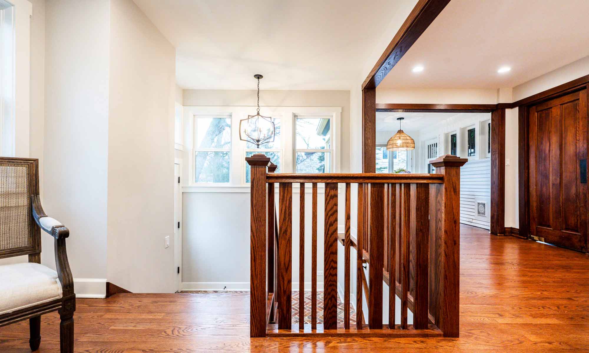 interior view of new oak stairwell and craftsman style railings