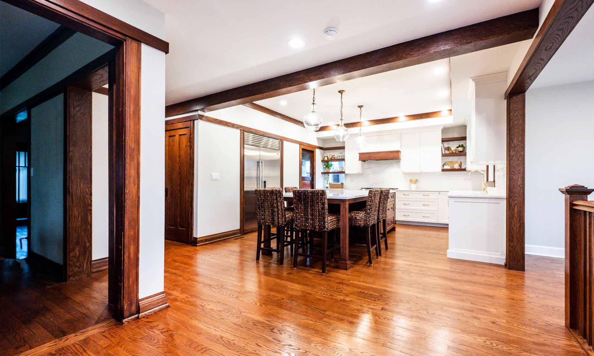 interior view of custom kitchen with dark wood island