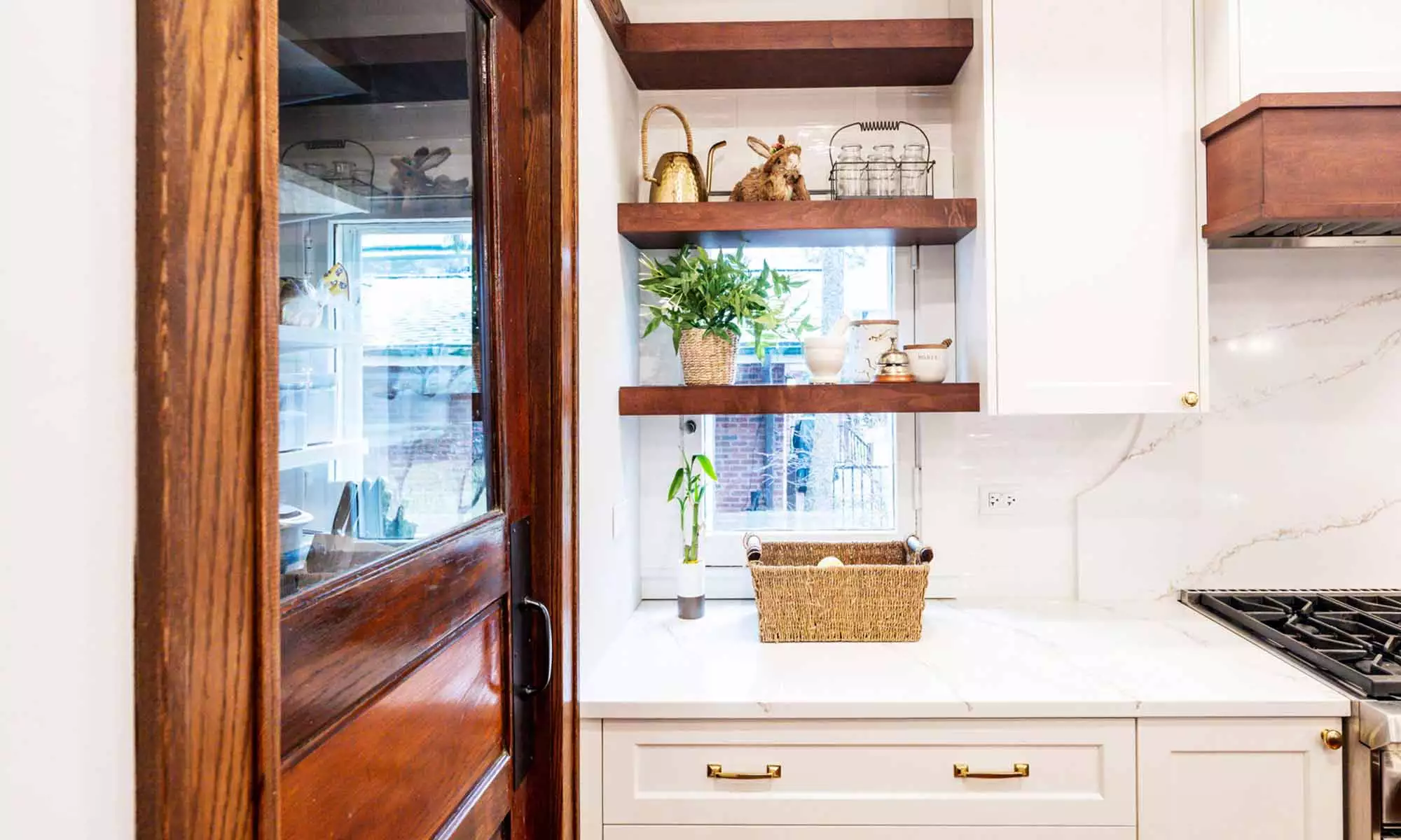 interior view of vintage pantry door and open shelves
