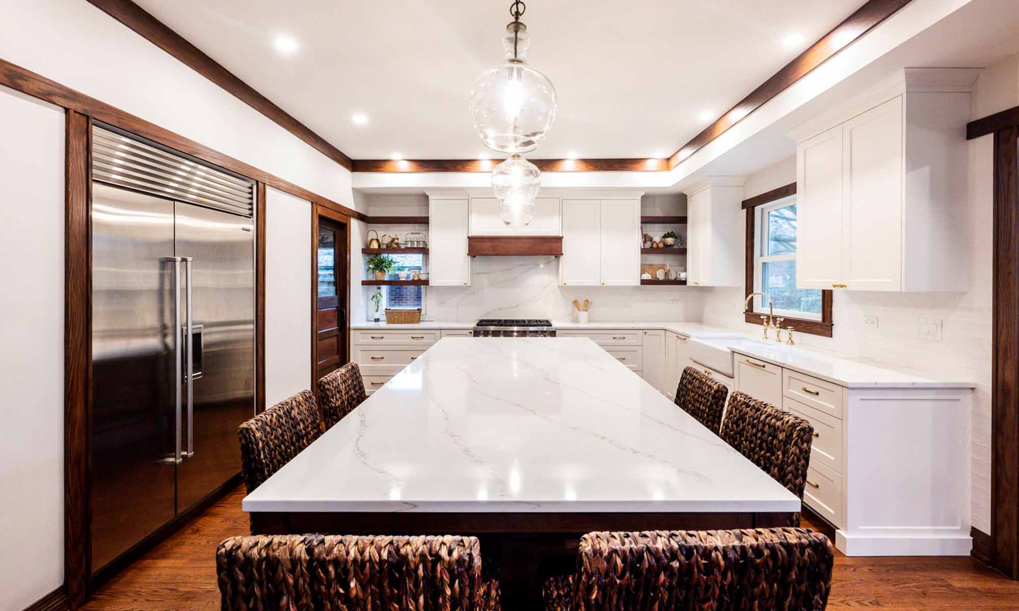 interior view of custom kitchen with dark wood island