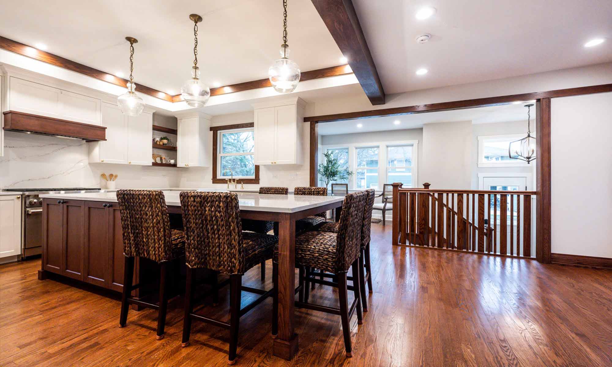 interior view of custom kitchen with dark wood island