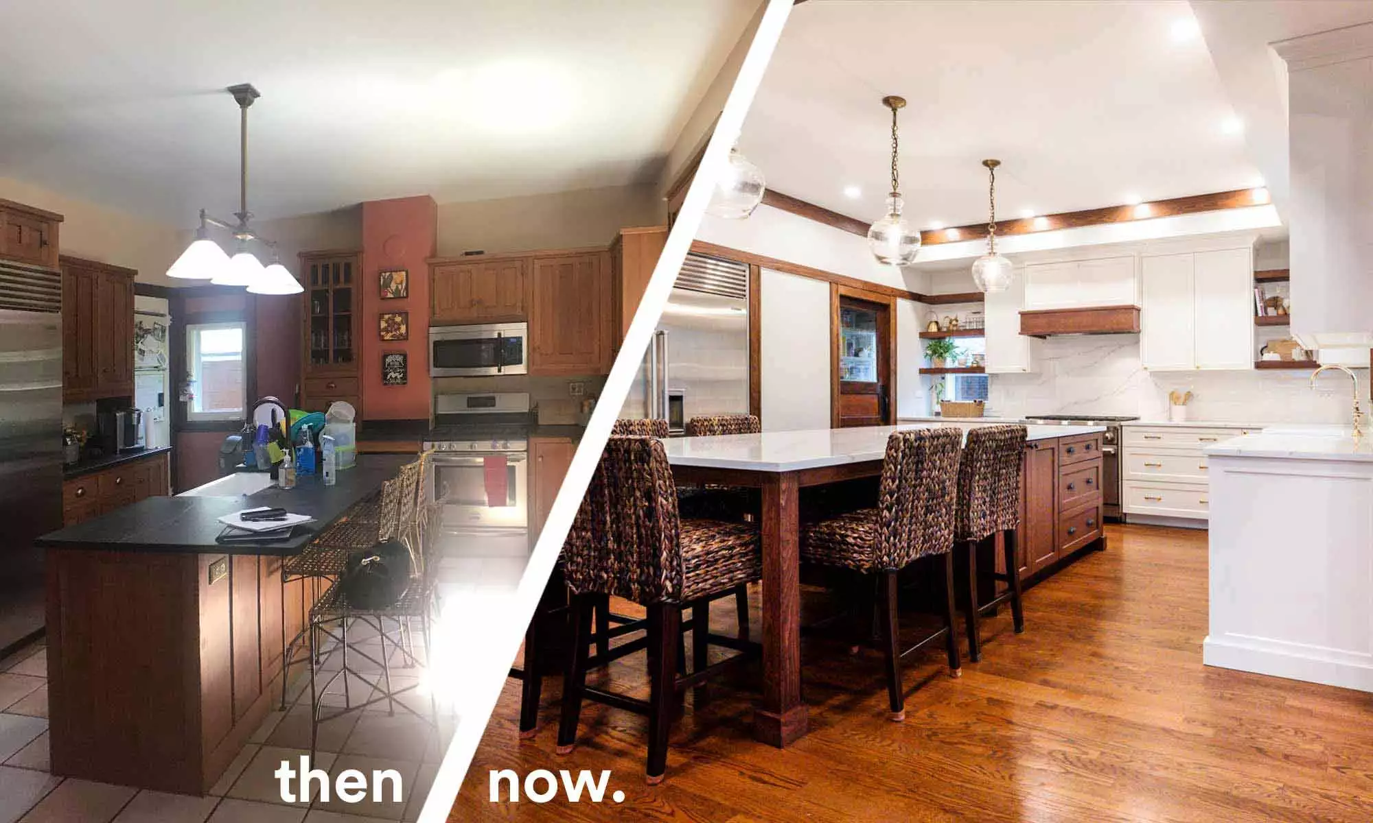 Before and after interior view of a luxury craftsman kitchen remodel